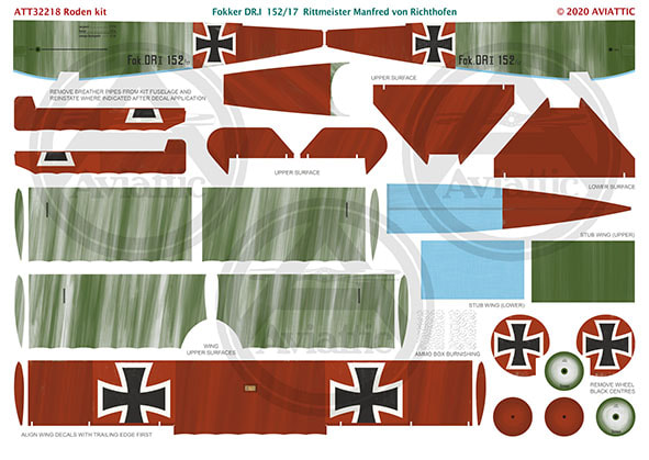 Aviattic Decals 1//32 FOKKER Dr.1 TRIPLANE STREAKED CAMOUFLAGE Clear Decal Paper
